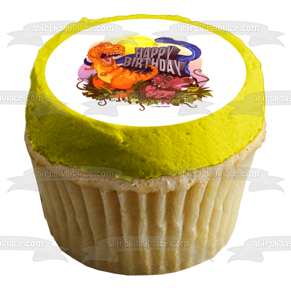 Dinosaur Cartoon Happy Birthday Sun and Grass Edible Cake Topper Image ABPID07900