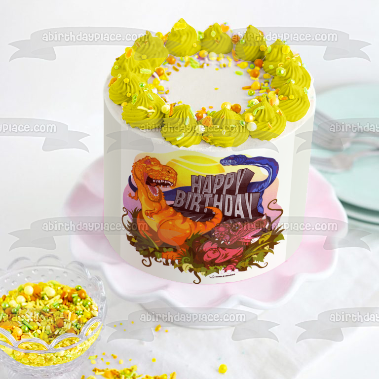 Dinosaur Cartoon Happy Birthday Sun and Grass Edible Cake Topper Image ABPID07900