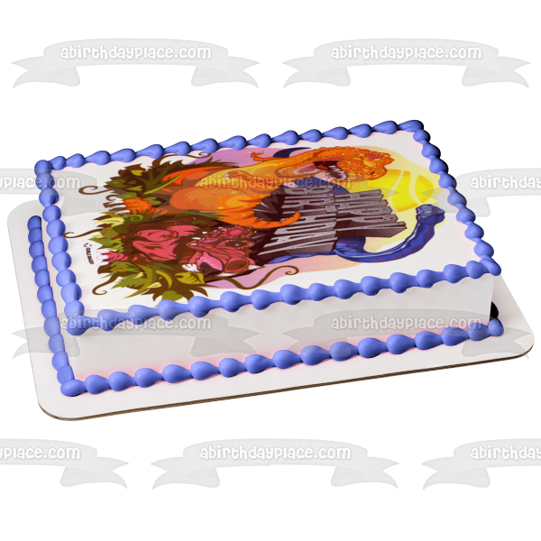 Dinosaur Cartoon Happy Birthday Sun and Grass Edible Cake Topper Image ABPID07900