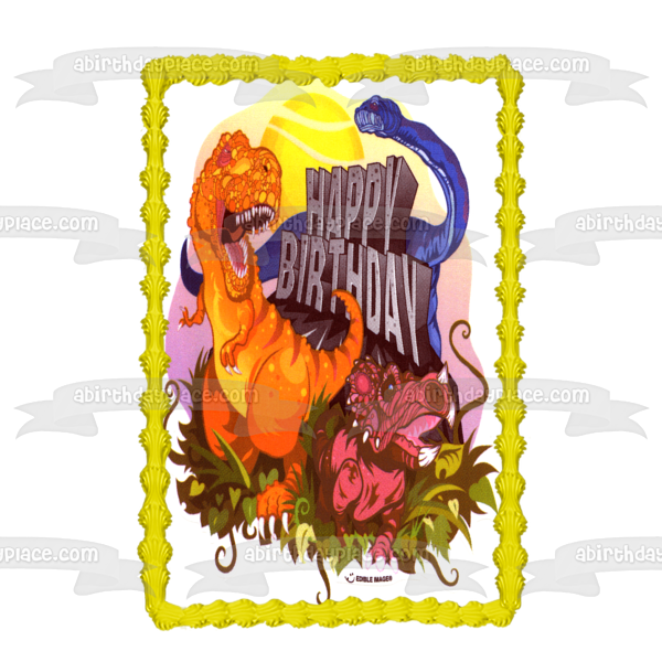 Dinosaur Cartoon Happy Birthday Sun and Grass Edible Cake Topper Image ABPID07900