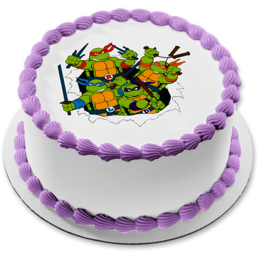 Tortugas Ninja Mutantes Adolescentes Donatello Miguel Ángel Leonardo y Rafael con sus armas Adorno comestible para tarta Imagen ABPID07779 