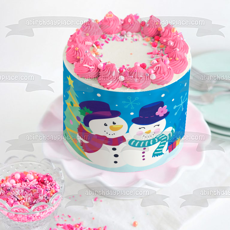 Escena de invierno Muñecos de nieve Árbol de Navidad Regalos y copos de nieve Adorno comestible para tarta Imagen ABPID07911 