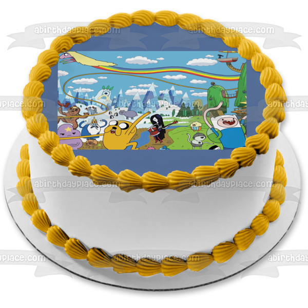 Hora de aventuras Finn Jake el perro Princesa Chicle Montañas nevadas y un adorno comestible para pastel de arcoíris Imagen ABPID07784 