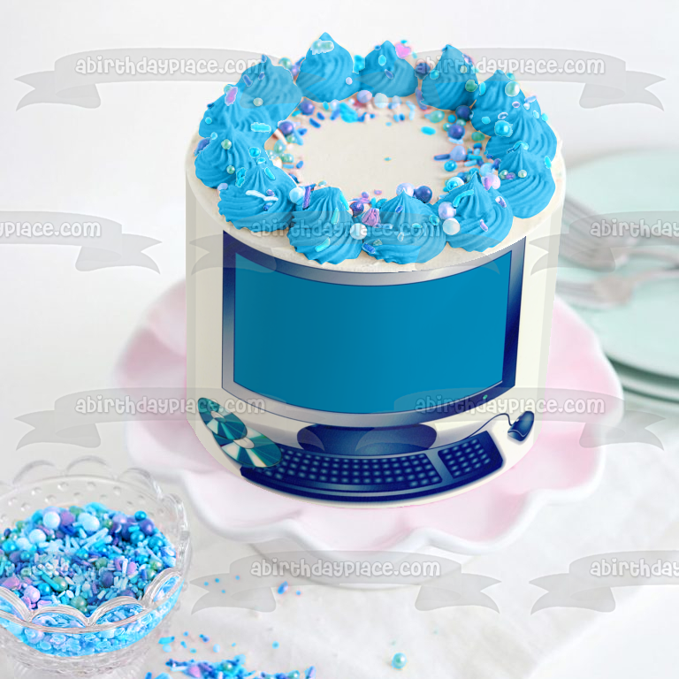 Personal Computer Cd's Blue Edible Cake Topper Image ABPID07802