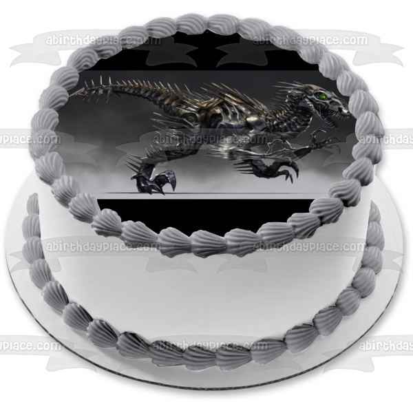 Dinosaur Metal Velociraptor with a Grey Background Edible Cake Topper Image ABPID07944