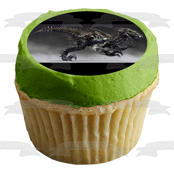 Dinosaur Metal Velociraptor with a Grey Background Edible Cake Topper Image ABPID07944