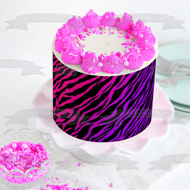 Adorno comestible para tarta con estampado de rayas de cebra rosa y morado, imagen ABPID07833 