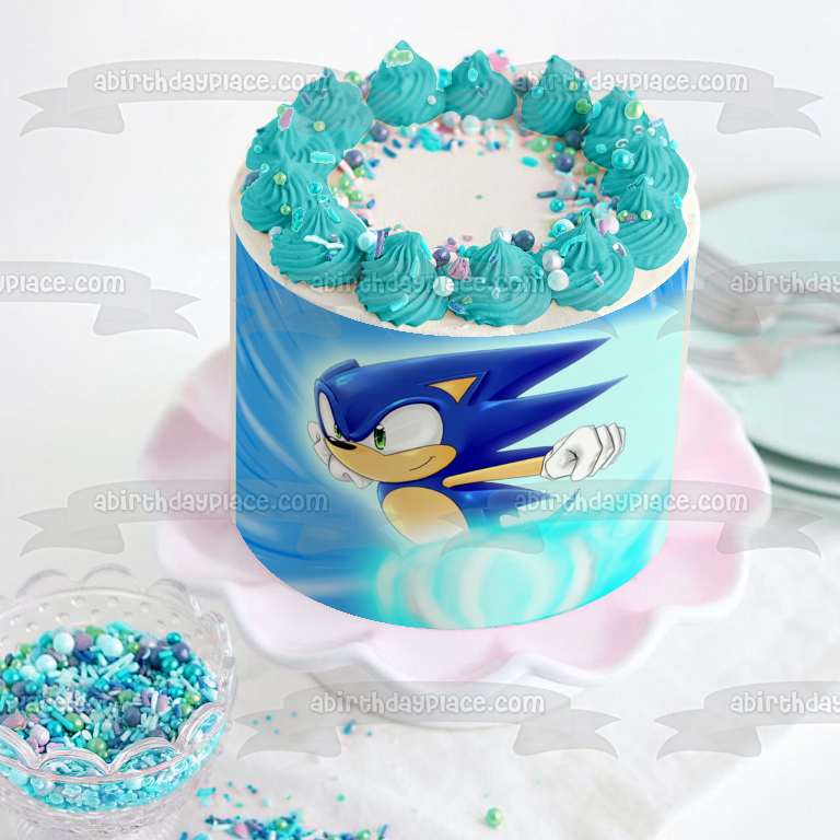 Imagen comestible para decoración de tarta de Sonic the Hedgehog corriendo y un fondo azul ABPID07955 