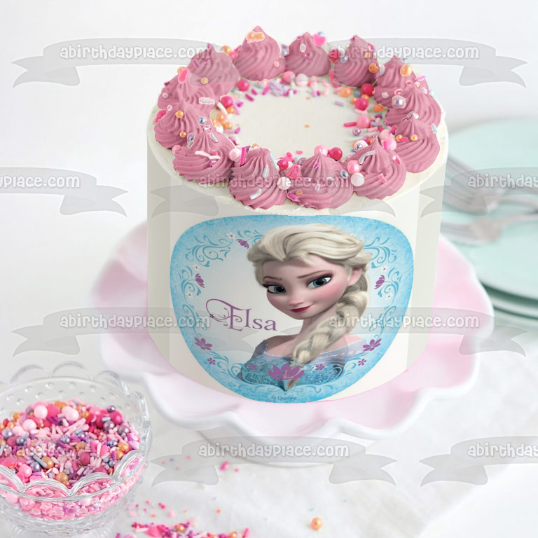 Imagen comestible para decoración de tarta comestible de Elsa de Frozen rodeada de flores moradas ABPID07961 