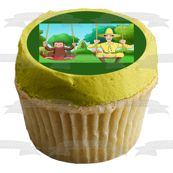 Curious George Swinging with the Man with the Yellow Hat Edible Cake Topper Image ABPID07878