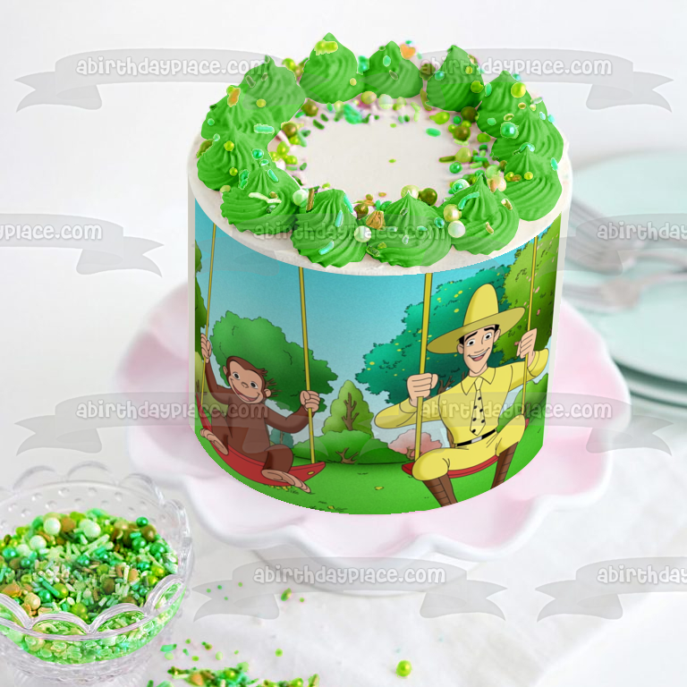 Curious George Swinging with the Man with the Yellow Hat Edible Cake Topper Image ABPID07878