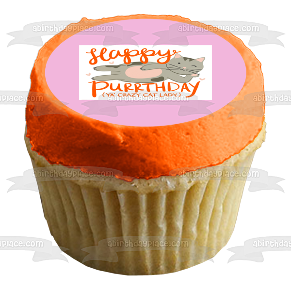 Happy Purrthday Ya Crazy Cat Lady - Adorno comestible para tarta con diseño de gato gris y corazones morados, imagen ABPID08111 