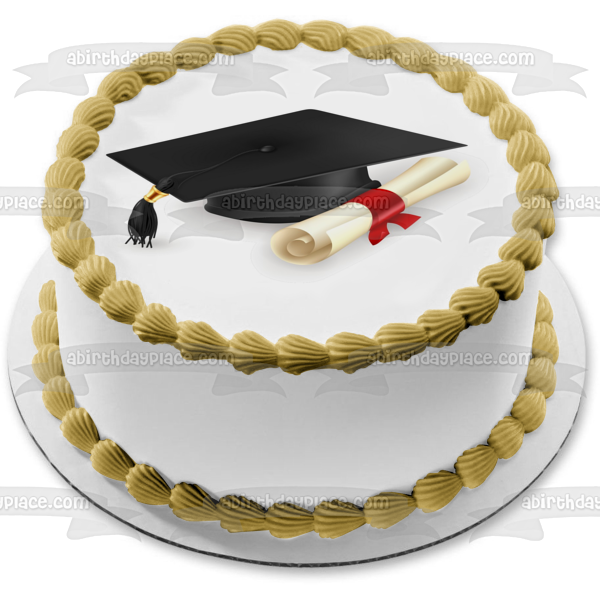 Gorro de graduación con pergamino blanco y negro, adorno comestible para tarta, imagen ABPID08019 