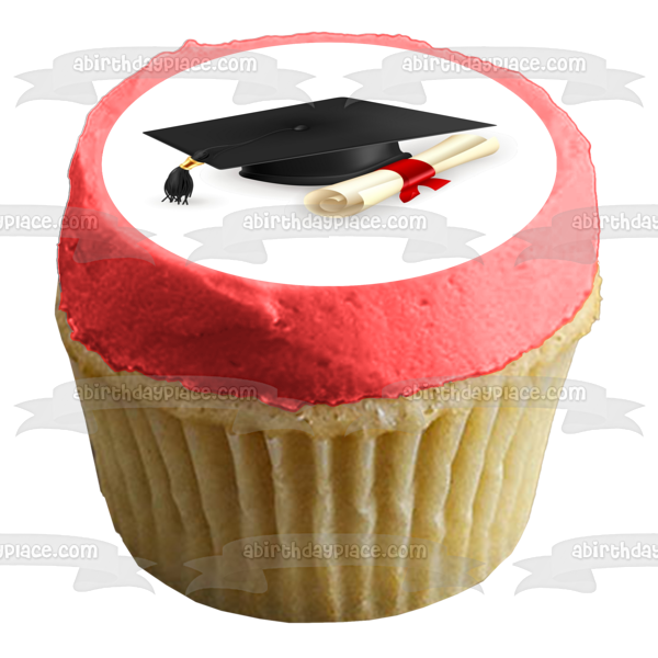 Gorro de graduación con pergamino blanco y negro, adorno comestible para tarta, imagen ABPID08019 