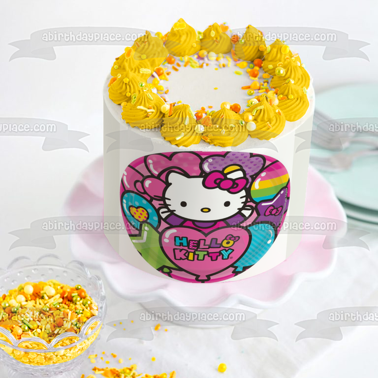 Decoración comestible para tarta con globos y estrellas de Hello Kitty, imagen ABPID08027 