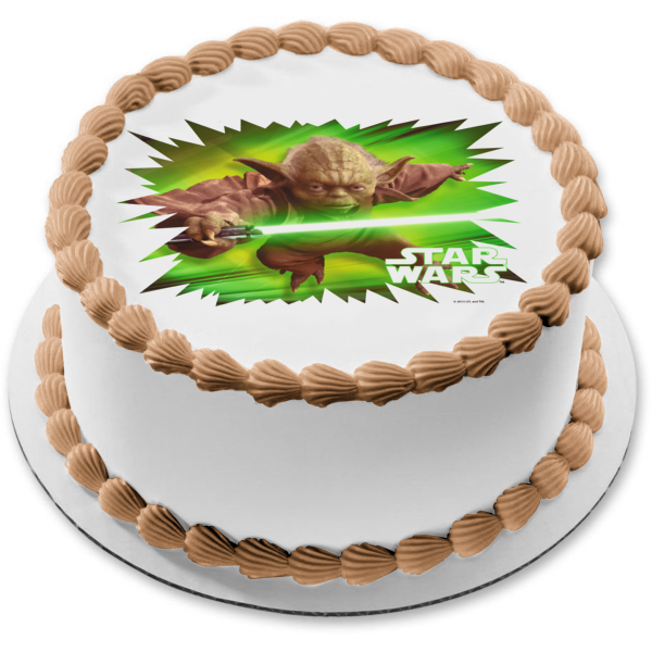 Star Wars Logo Yoda with a Green Lightsaber Edible Cake Topper Image ABPID05696