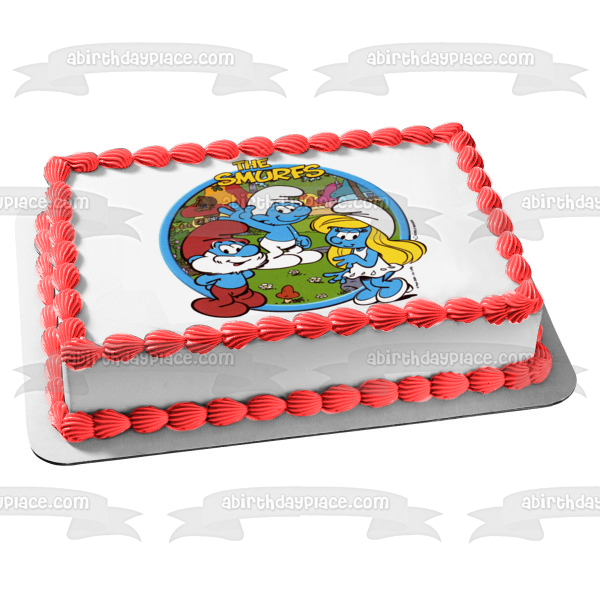 The Smurfs Papa Smurf Smurfette Trees and Flowers Edible Cake Topper Image ABPID08152