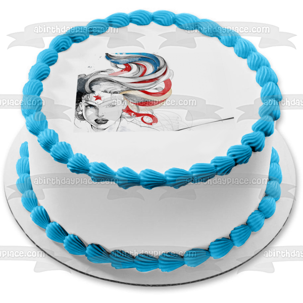 Adorno comestible para tarta comestible de Mujer Maravilla, rojo, blanco y azul, imagen ABPID08049 