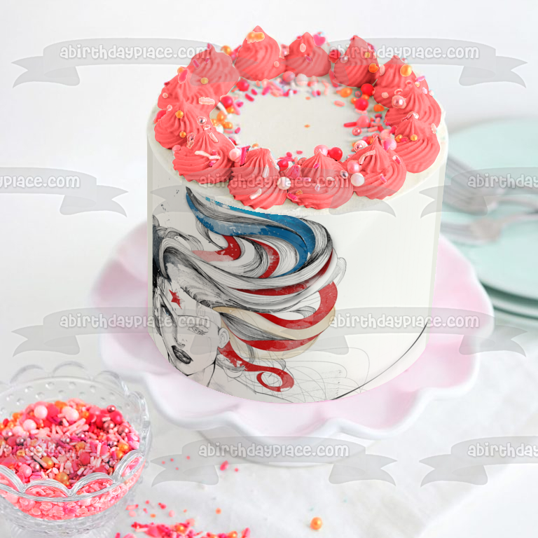 Adorno comestible para tarta comestible de Mujer Maravilla, rojo, blanco y azul, imagen ABPID08049 