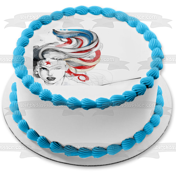 Adorno comestible para tarta comestible de Mujer Maravilla, rojo, blanco y azul, imagen ABPID08049 