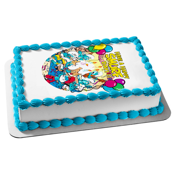 The Smurfs Happy Birthday Papa Smurf Smurfette Harmony Smurf Cake and Balloons Edible Cake Topper Image ABPID08059