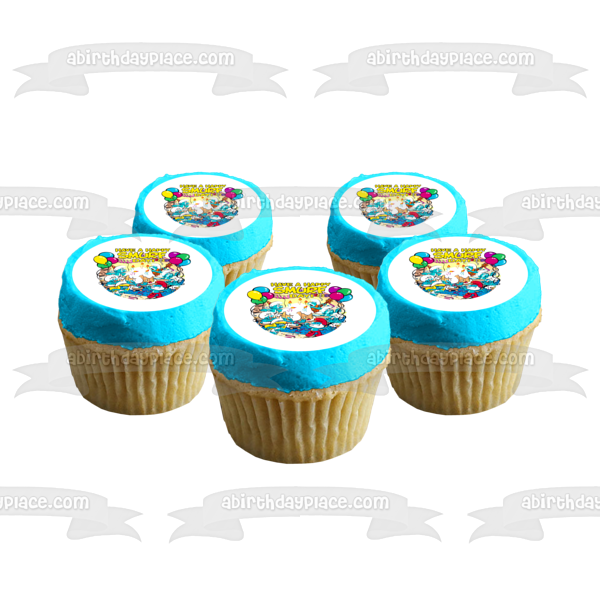 The Smurfs Happy Birthday Papa Smurf Smurfette Harmony Smurf Cake and Balloons Edible Cake Topper Image ABPID08059