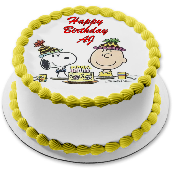 Peanuts Feliz cumpleaños Charlie Brown Snoopy pastel y sombreros de fiesta adorno comestible para pastel imagen ABPID08067 