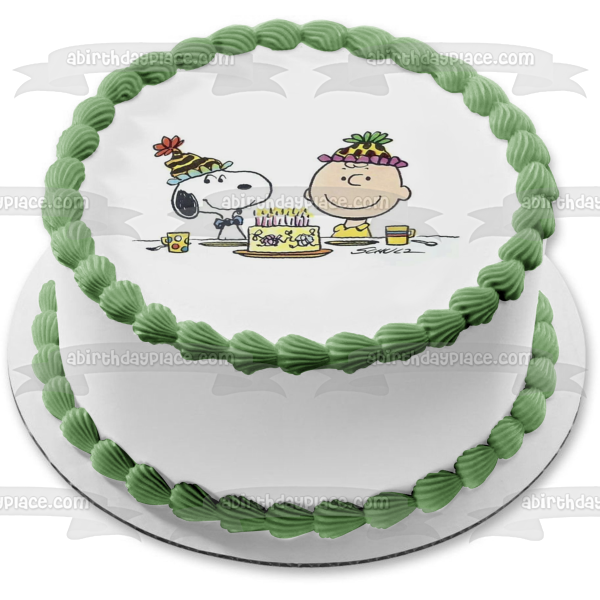 Peanuts Feliz cumpleaños Charlie Brown Snoopy pastel y sombreros de fiesta adorno comestible para pastel imagen ABPID08067 