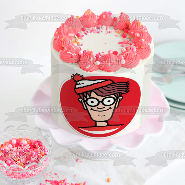 Where's Wally British Puzzle Book and a Red Background Edible Cake Topper Image ABPID08075