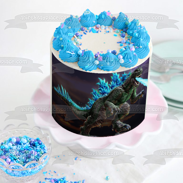 Imagen comestible para decoración de tarta con diseño de Godzilla azul respirando hielo, ABPID08096 