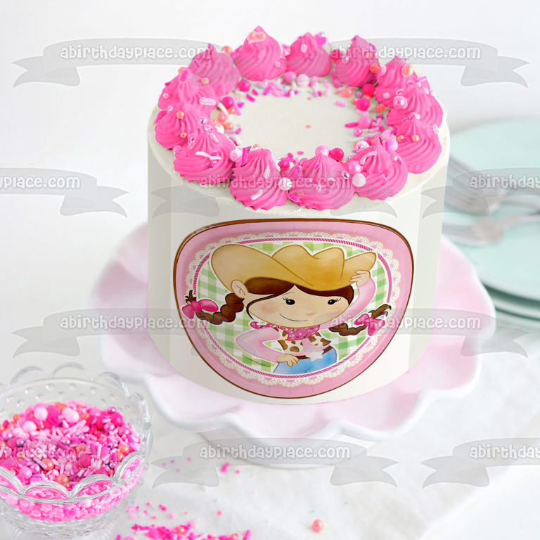 Imagen comestible para decoración de tarta con sombrero de vaquera rosa, estrella y pañuelo, ABPID08246 