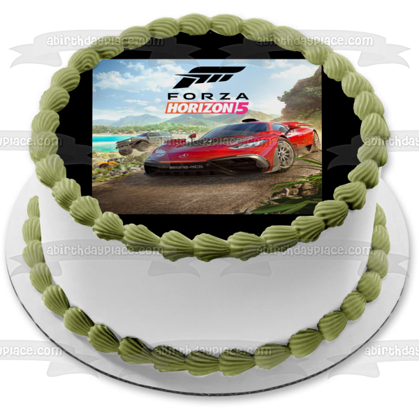 Adorno comestible para tarta con coche de carreras rojo de Forza Horizon 5, imagen ABPID55416 