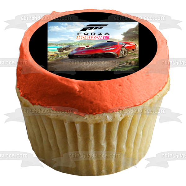 Adorno comestible para tarta con coche de carreras rojo de Forza Horizon 5, imagen ABPID55416 