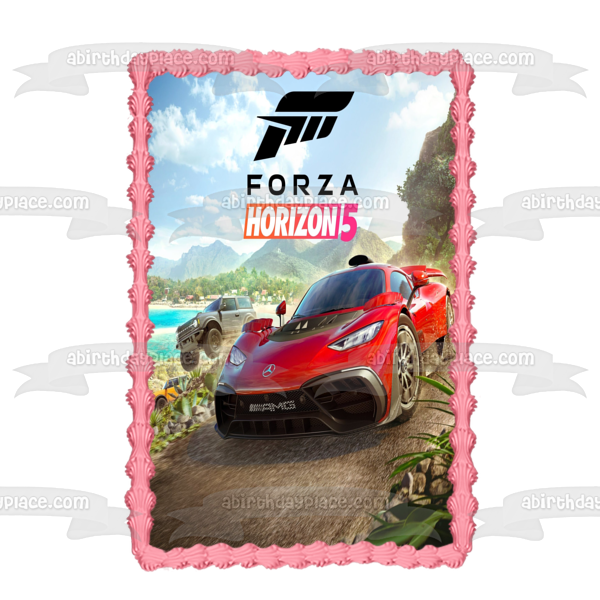 Adorno comestible para tarta con coche de carreras rojo de Forza Horizon 5, imagen ABPID55416 