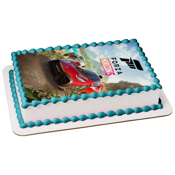 Adorno comestible para tarta con coche de carreras rojo de Forza Horizon 5, imagen ABPID55416 