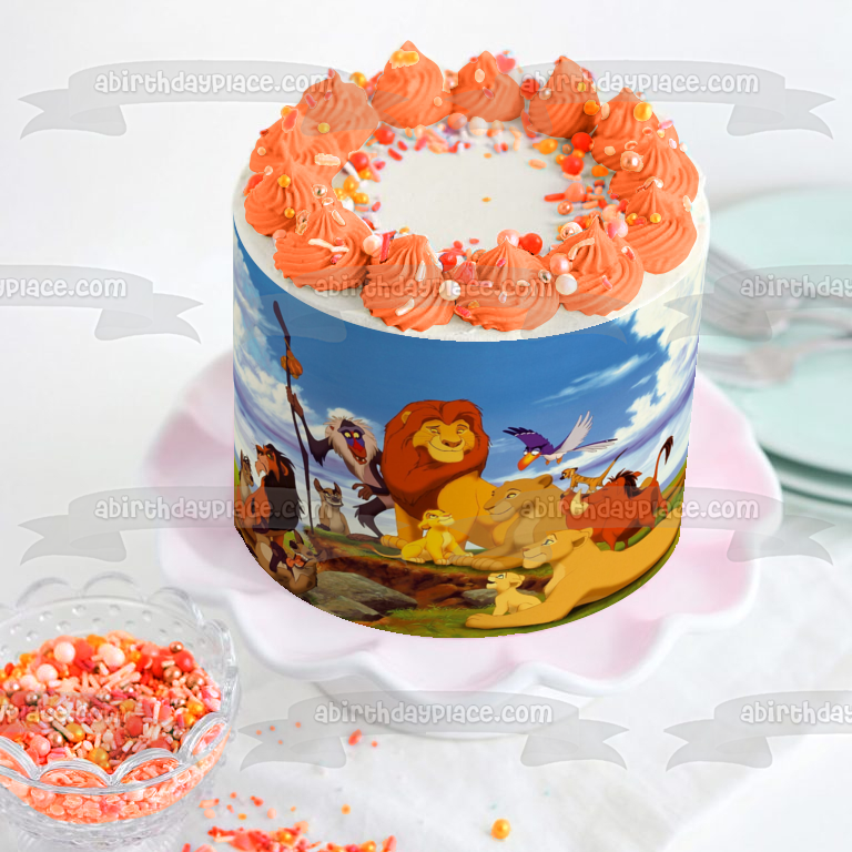 Decoración comestible para tarta con diseño del Rey León, Disney, Mufasa, Simba, Rafiki, Nala, Zazu, Timone, imagen ABPID08362 