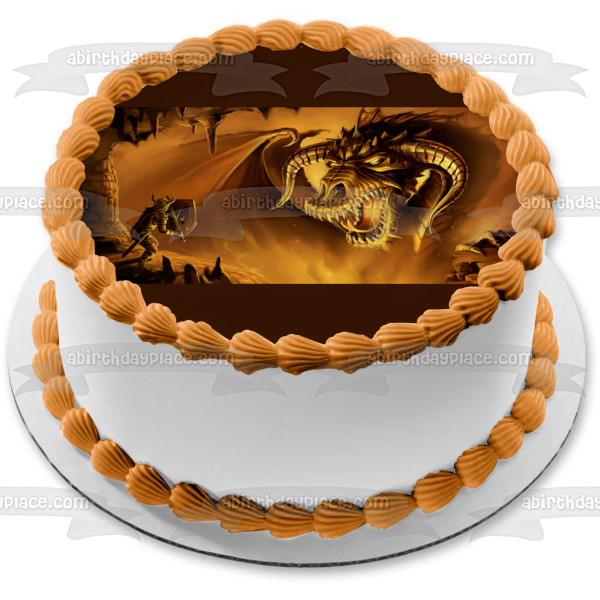 Imagen comestible para tarta con escudo de soldado y dragón dorado, imagen ABPID08398 