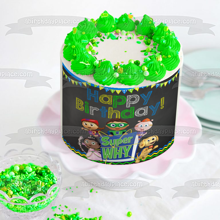 Super Why Happy Birthday Banner Woofster Princess Pea Whyatt Red Riding Hood Pig Edible Cake Topper Image ABPID08748