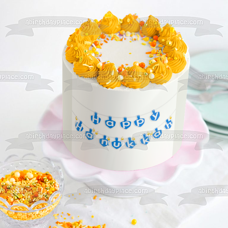 Happy Hanukkah Banner Blue Edible Cake Topper Image ABPID08790