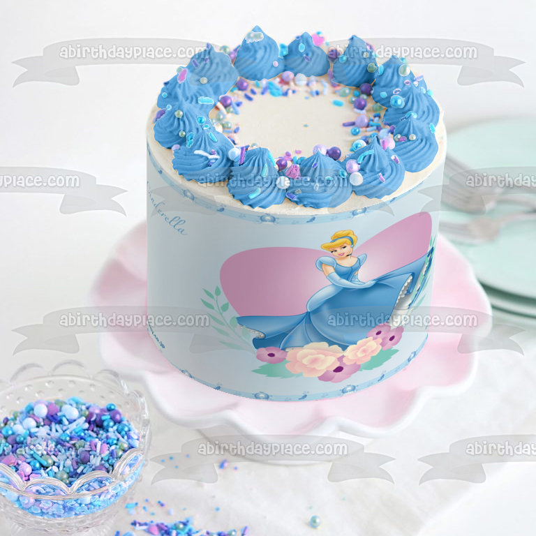 Decoración comestible para tarta con diseño de princesa Cenicienta de Disney, diseño de corazón y flores, imagen ABPID08552 