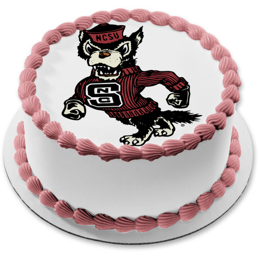 Imagen ABPID08636 de la mascota de la Universidad Estatal de Carolina del Norte, lobo pavoneándose, decoración comestible para tarta de la NCAA 