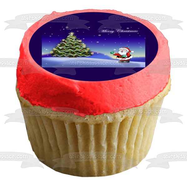 Merry Christmas Decorted Tree Santa Clause Snowflakes Edible Cake Topper Image ABPID08811