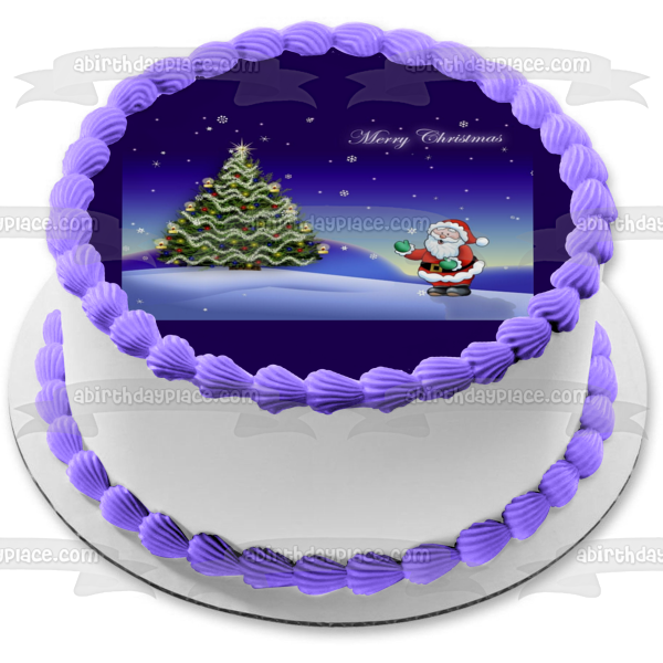 Merry Christmas Decorted Tree Santa Clause Snowflakes Edible Cake Topper Image ABPID08811