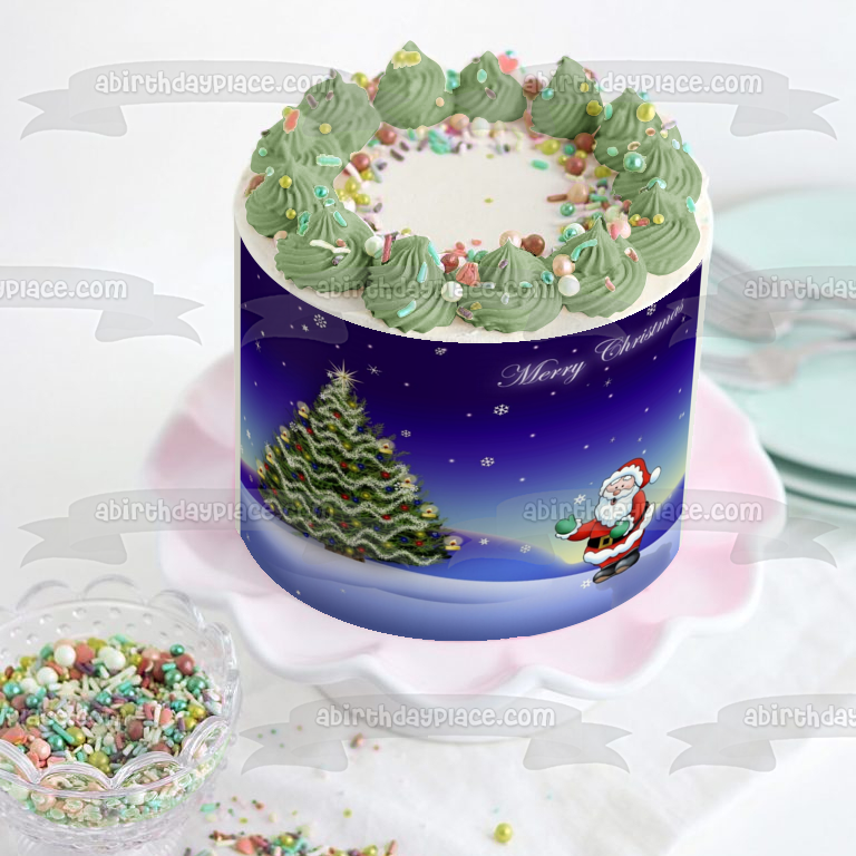 Merry Christmas Decorted Tree Santa Clause Snowflakes Edible Cake Topper Image ABPID08811