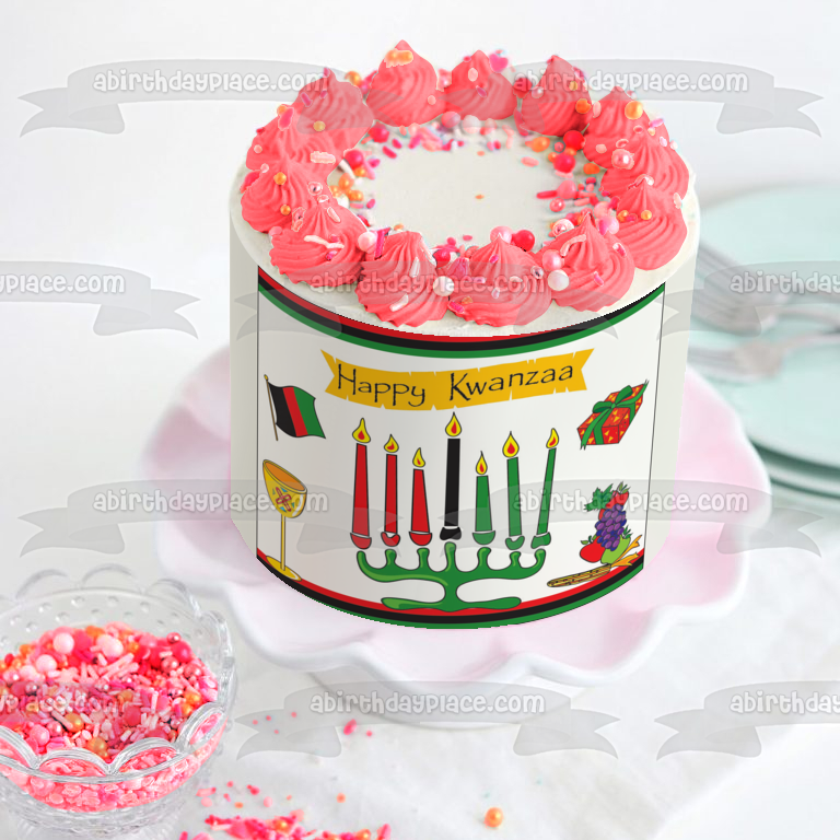 Happy Kwanzaa Presents Grapes Apples Kinara Mishumaa Saba Edible Cake Topper Image ABPID08838