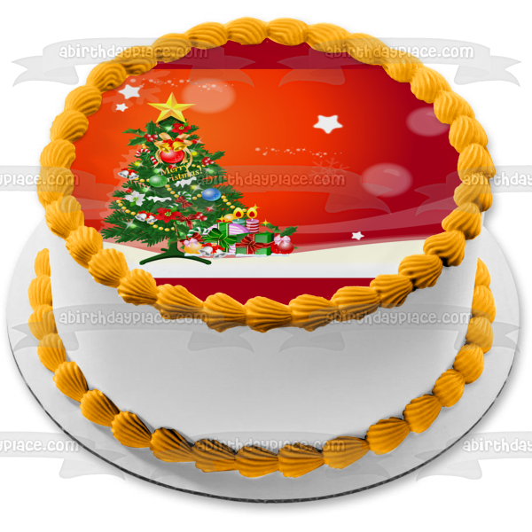 Merry Christmas Decorated Tree Presents Stars Edible Cake Topper Image ABPID08864