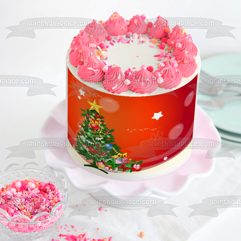 Merry Christmas Decorated Tree Presents Stars Edible Cake Topper Image ABPID08864