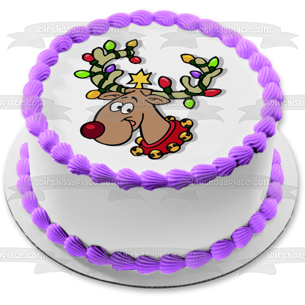 Adorno comestible para tarta con luces navideñas, renos navideños, astas, imagen ABPID09043 