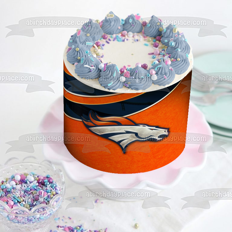 Imagen de decoración comestible para tarta con logotipo clásico de los Denver Broncos, fondo naranja de la NFL, ABPID08935 