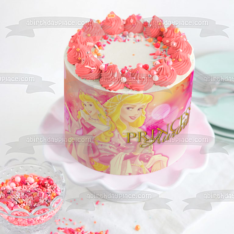 Adorno comestible para tarta con vestido rosa de la Bella Durmiente de la Princesa Aurora de Disney, imagen ABPID09087 